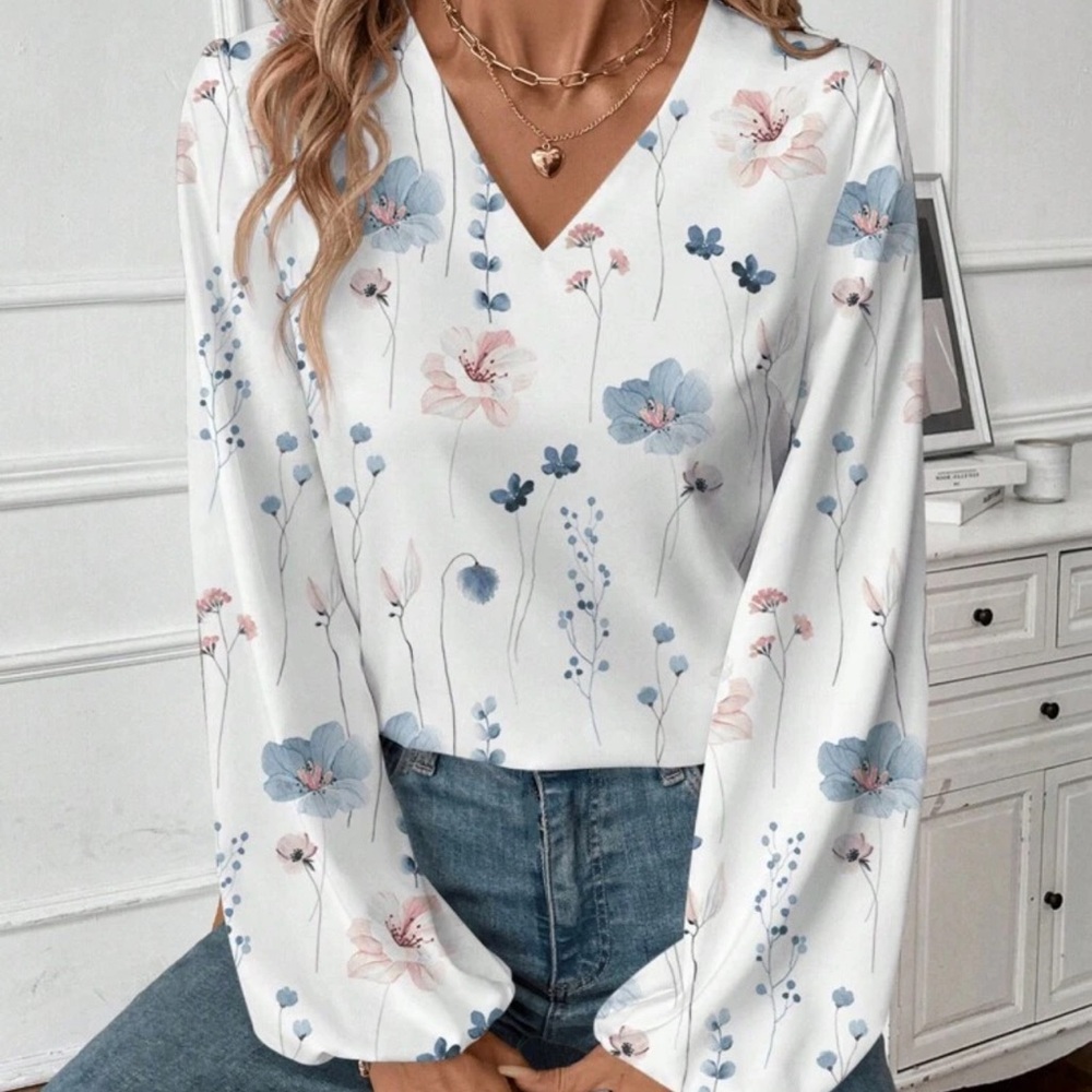 Chic Nation Floral V-Neck Blouse - White and Blue